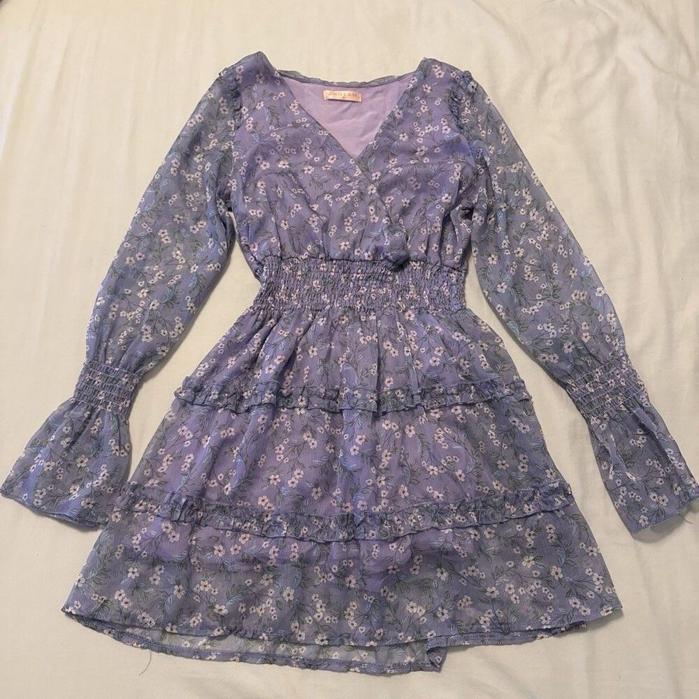 Who I Am Women’s Size 8 Purple Floral Chiffon Smocked V-Neck Mini Dress